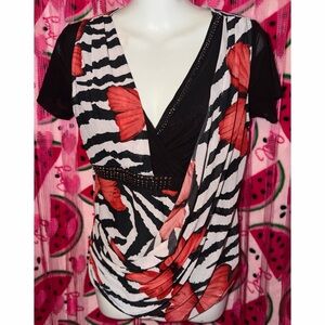 🖤❤️ Asymmetrical Zebra Print Blouse with Embellishments